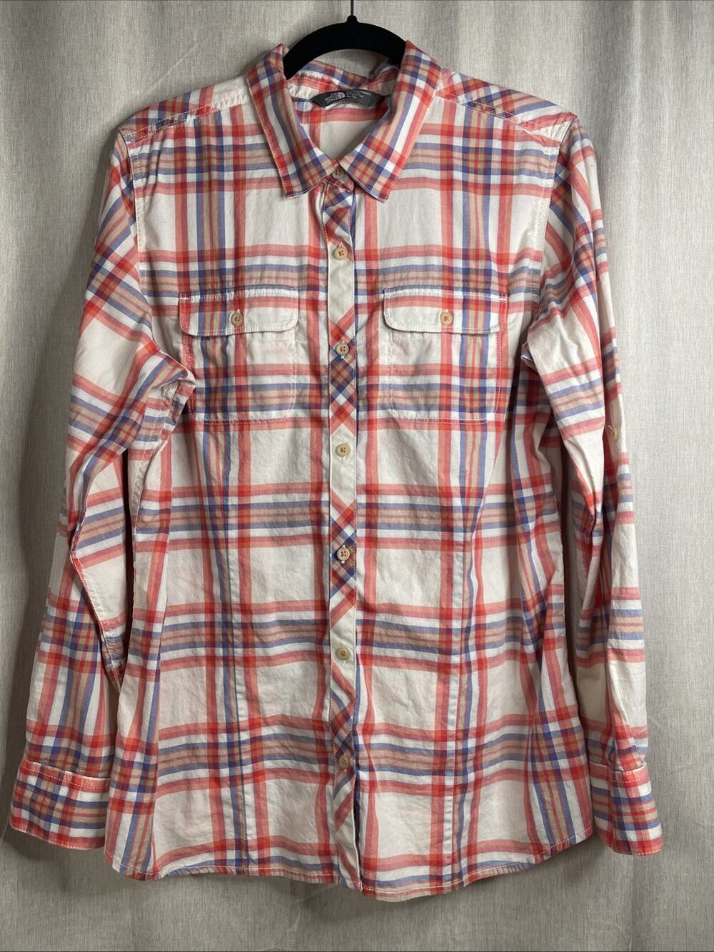 THE NORTH FACE Women's Orange & White Plaid Long Sleeve Button-Down Shirt XL - Picture 1 of 6